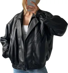 Oversized Leather Jacket for Women Distressed Black Lambskin Handmade Bomber Style coat