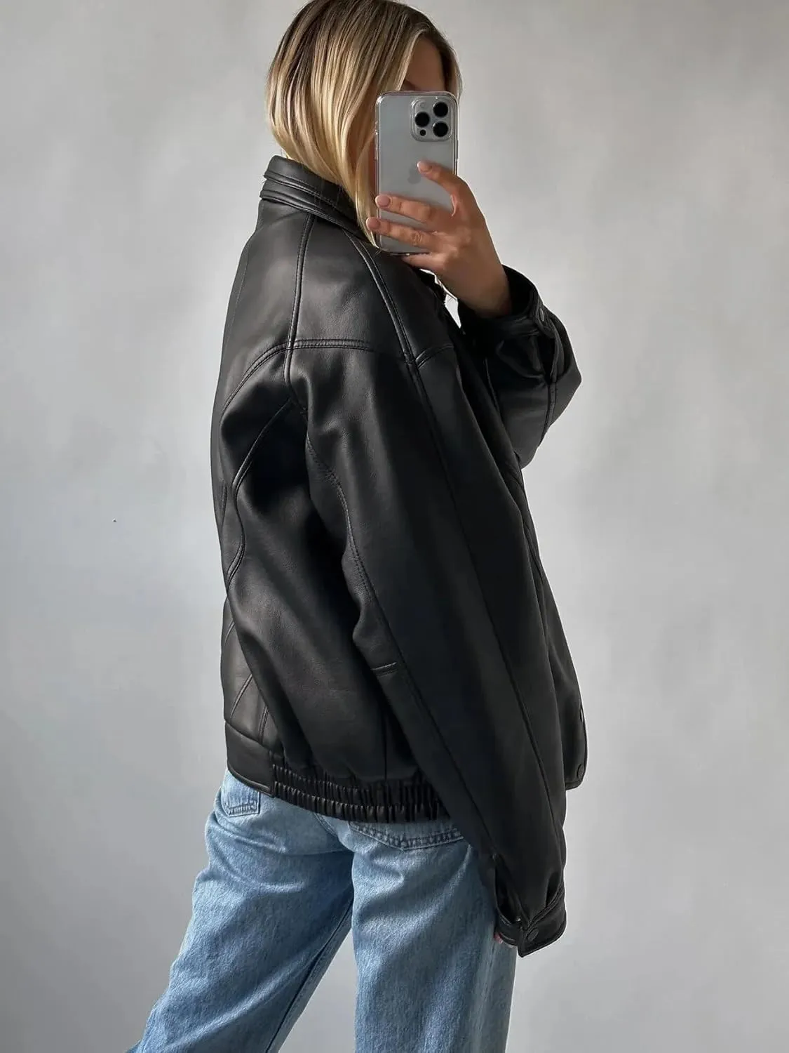 Oversized Leather Jacket for Women Distressed Black Lambskin Handmade Bomber Style coat