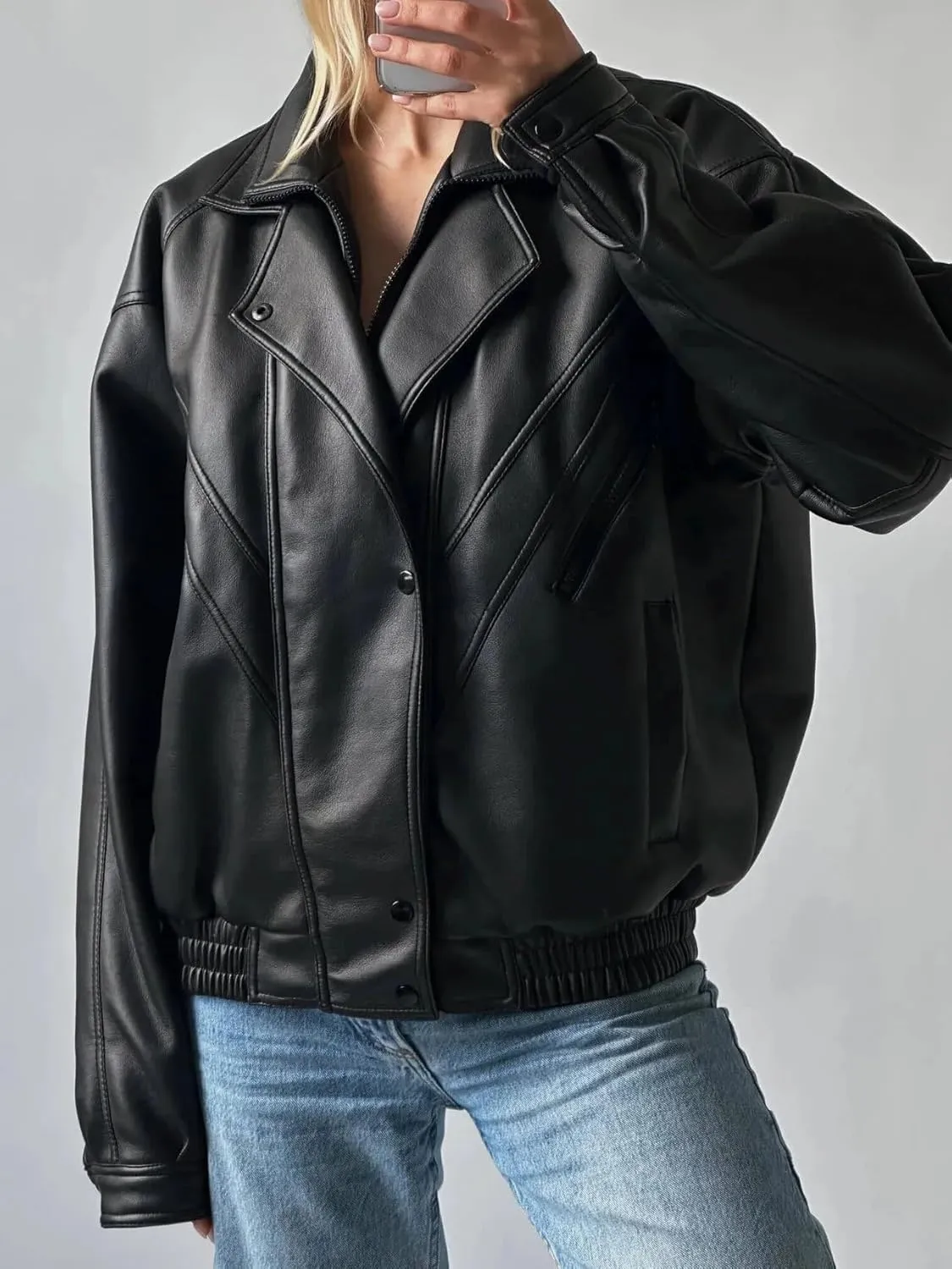 Oversized Leather Jacket for Women Distressed Black Lambskin Handmade Bomber Style coat