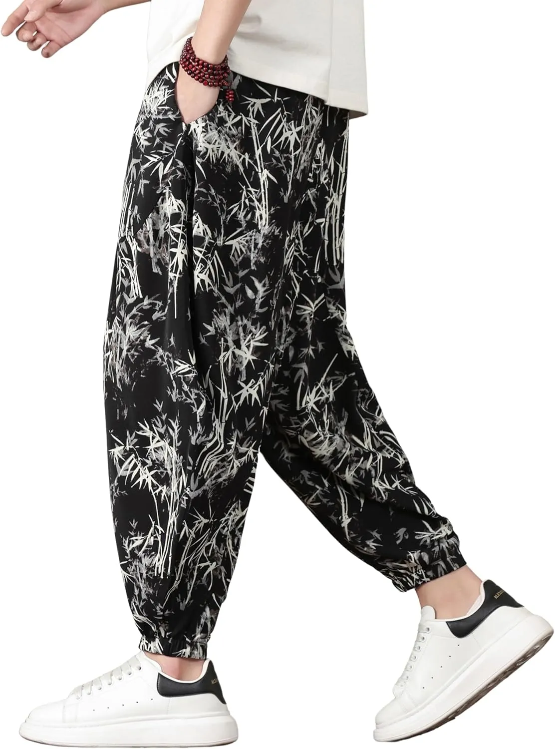 PRIJOUHE Harem Pants for Men Casual Drawstring Yoga Pants Boho Loose Fit Tapered Cropped Trousers with Pockets