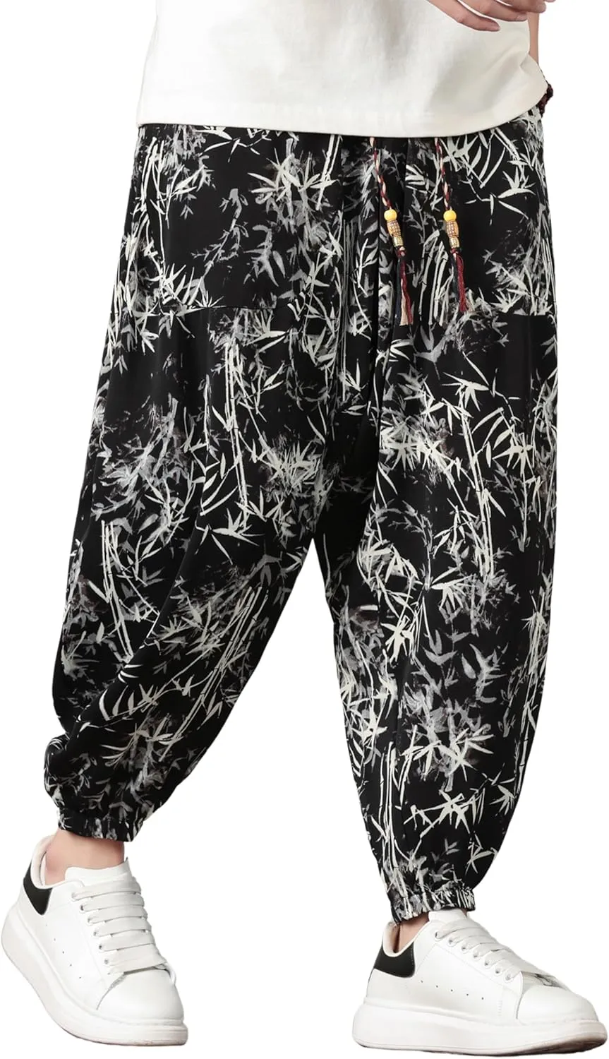 PRIJOUHE Harem Pants for Men Casual Drawstring Yoga Pants Boho Loose Fit Tapered Cropped Trousers with Pockets