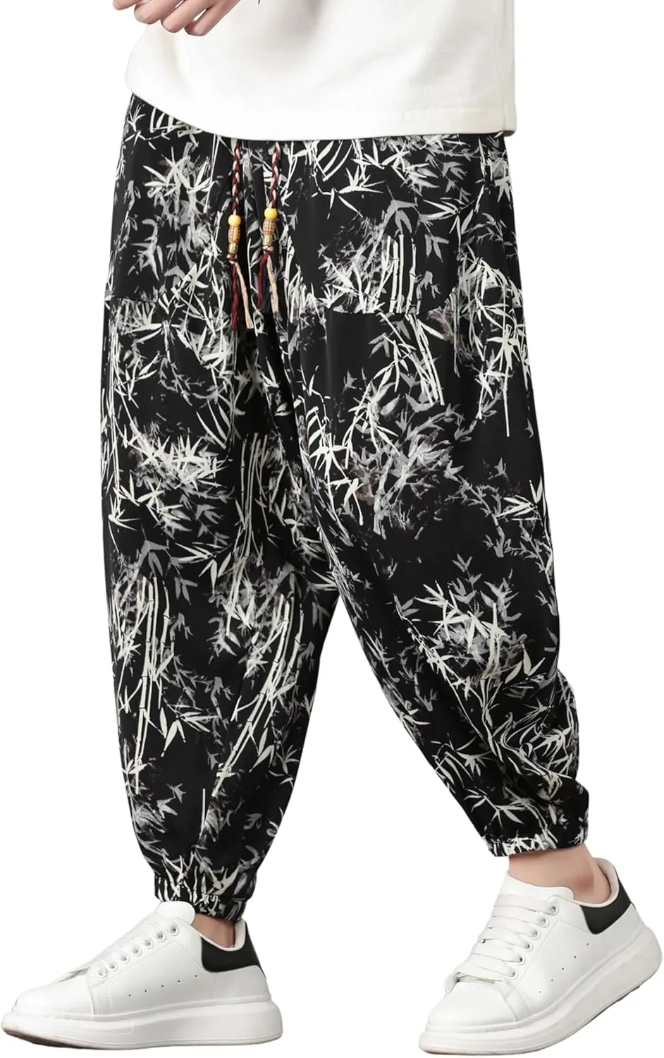 PRIJOUHE Harem Pants for Men Casual Drawstring Yoga Pants Boho Loose Fit Tapered Cropped Trousers with Pockets