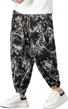 PRIJOUHE Harem Pants for Men Casual Drawstring Yoga Pants Boho Loose Fit Tapered Cropped Trousers with Pockets