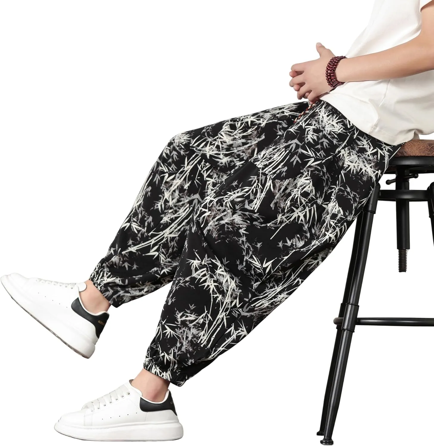 PRIJOUHE Harem Pants for Men Casual Drawstring Yoga Pants Boho Loose Fit Tapered Cropped Trousers with Pockets