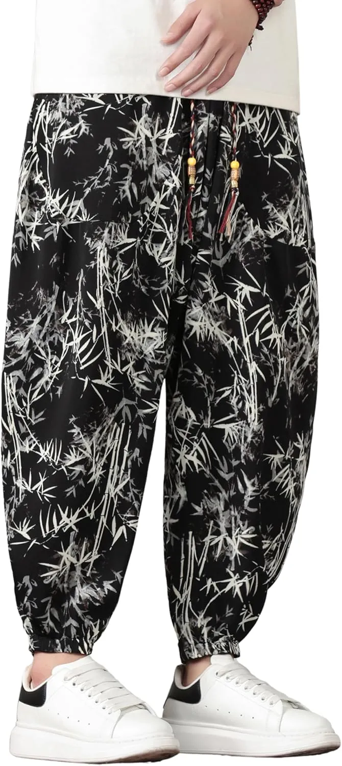 PRIJOUHE Harem Pants for Men Casual Drawstring Yoga Pants Boho Loose Fit Tapered Cropped Trousers with Pockets