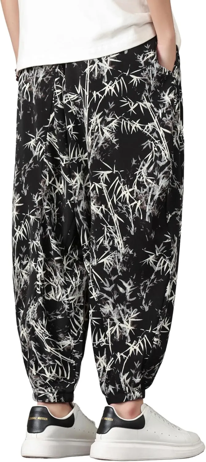 PRIJOUHE Harem Pants for Men Casual Drawstring Yoga Pants Boho Loose Fit Tapered Cropped Trousers with Pockets