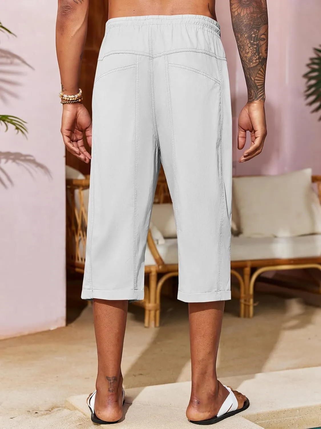 Runcati Mens Harem Capri Pants Casual Elastic Waist Cotton 3/4 Shorts Summer Beach Yoga Tapered Trousers