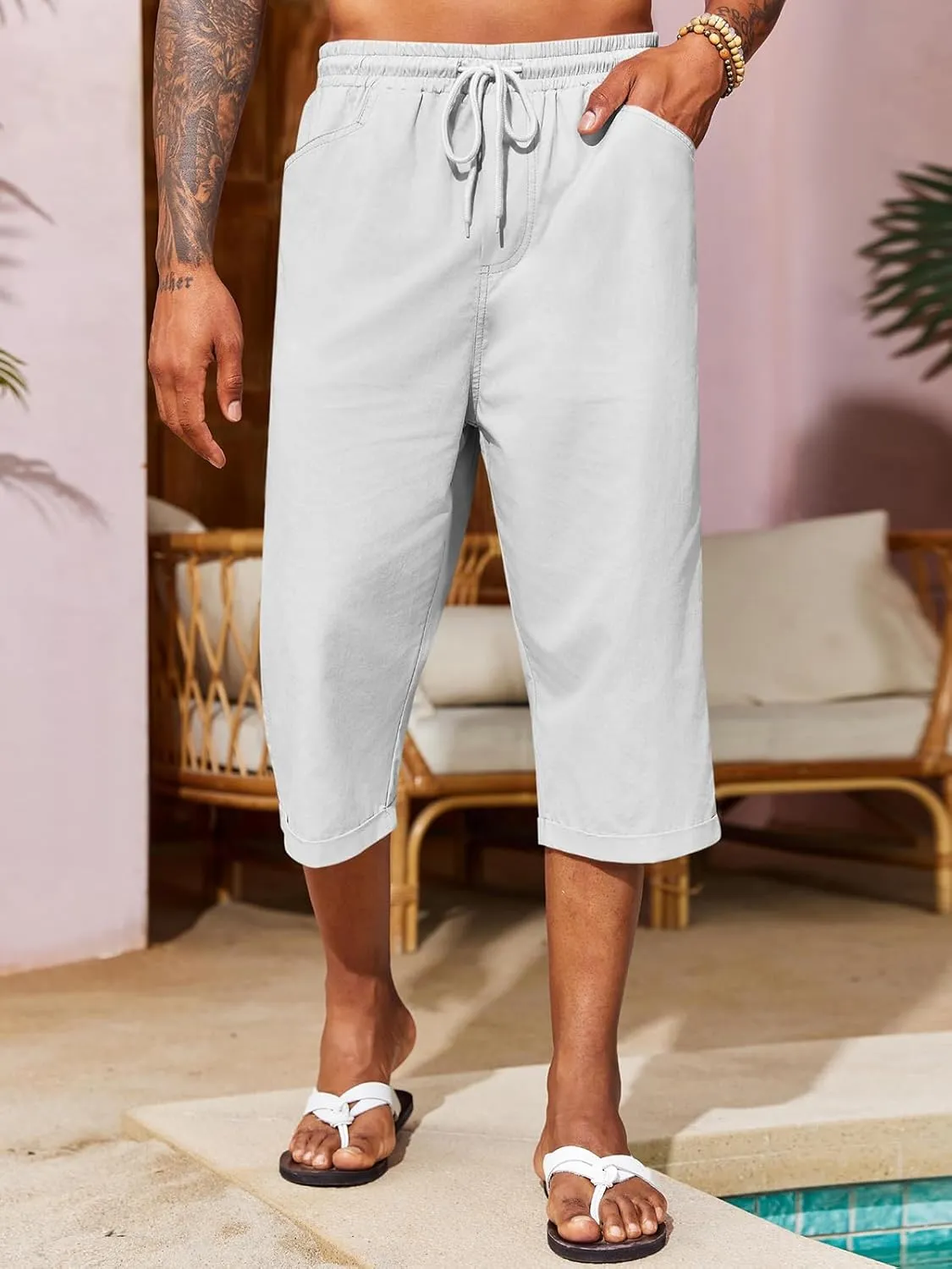Runcati Mens Harem Capri Pants Casual Elastic Waist Cotton 3/4 Shorts Summer Beach Yoga Tapered Trousers