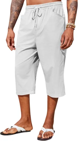 Runcati Mens Harem Capri Pants Casual Elastic Waist Cotton 3/4 Shorts Summer Beach Yoga Tapered Trousers
