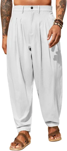 Runcati Mens Linen Baggy Pants Pleated Casual Harem Pants Beach Hippie Summer Trousers