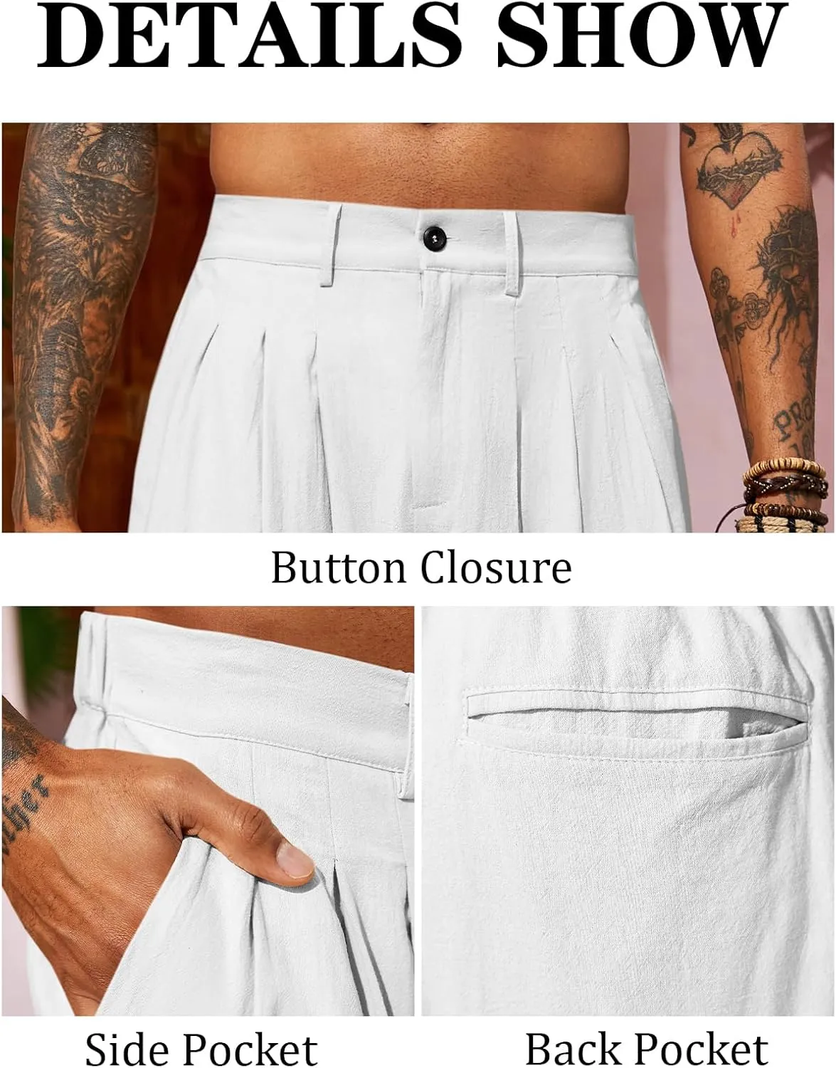 Runcati Mens Linen Baggy Pants Pleated Casual Harem Pants Beach Hippie Summer Trousers