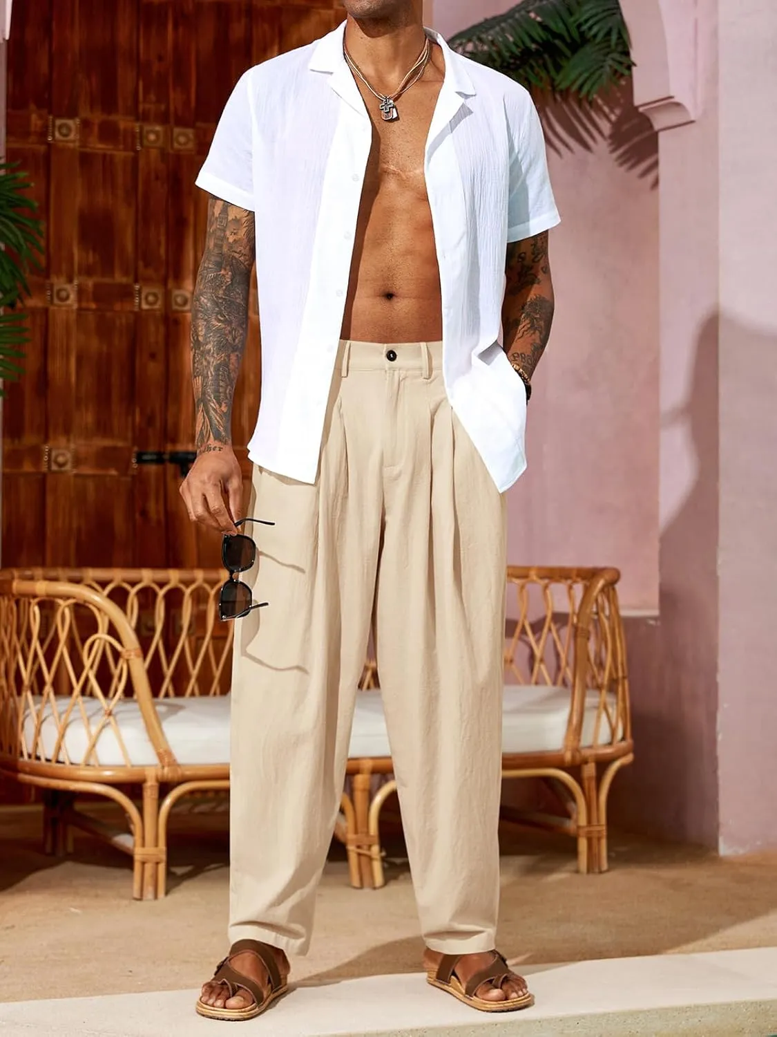 Runcati Mens Linen Baggy Pants Pleated Casual Harem Pants Beach Hippie Summer Trousers