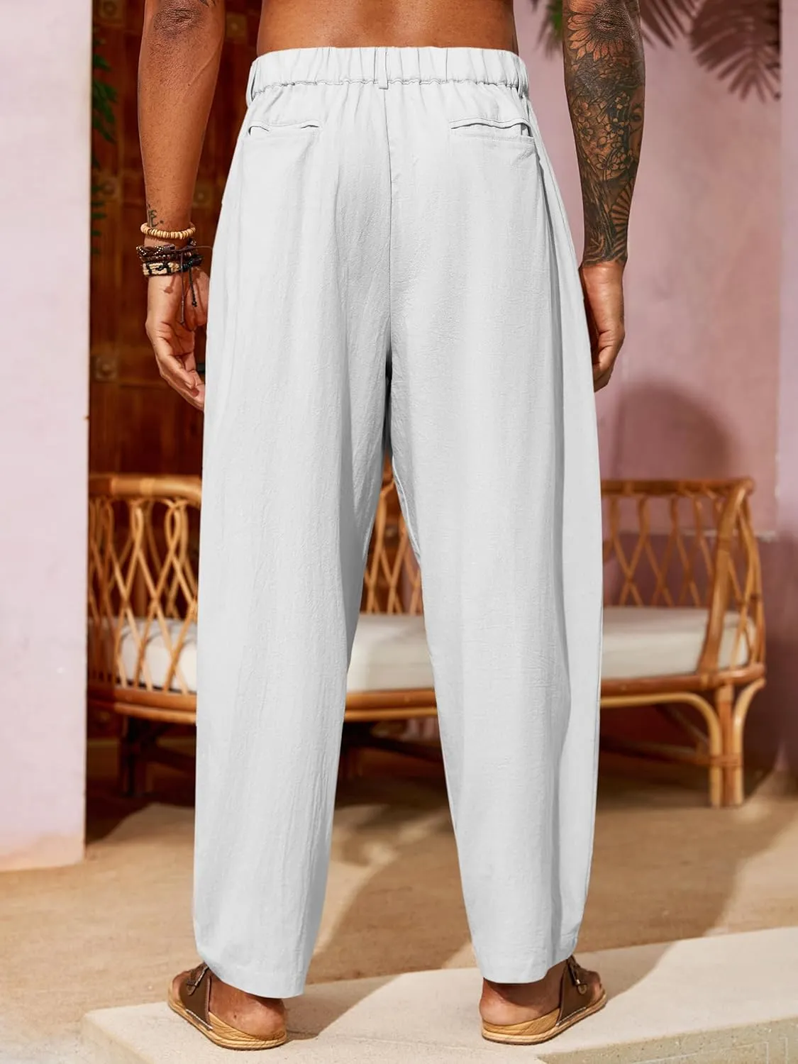 Runcati Mens Linen Baggy Pants Pleated Casual Harem Pants Beach Hippie Summer Trousers