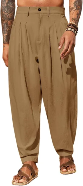 Runcati Mens Linen Baggy Pants Pleated Casual Harem Pants Beach Hippie Summer Trousers