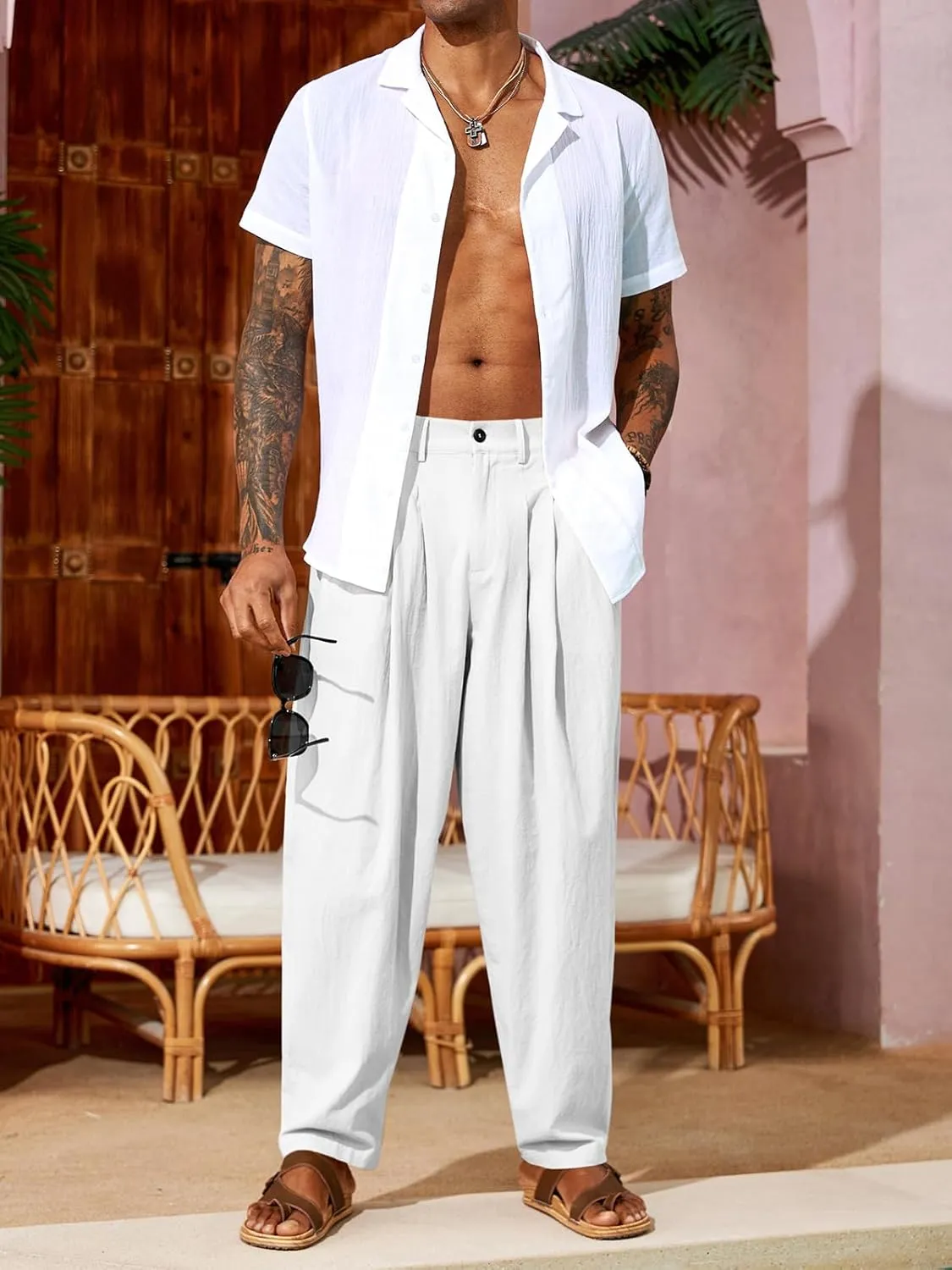 Runcati Mens Linen Baggy Pants Pleated Casual Harem Pants Beach Hippie Summer Trousers