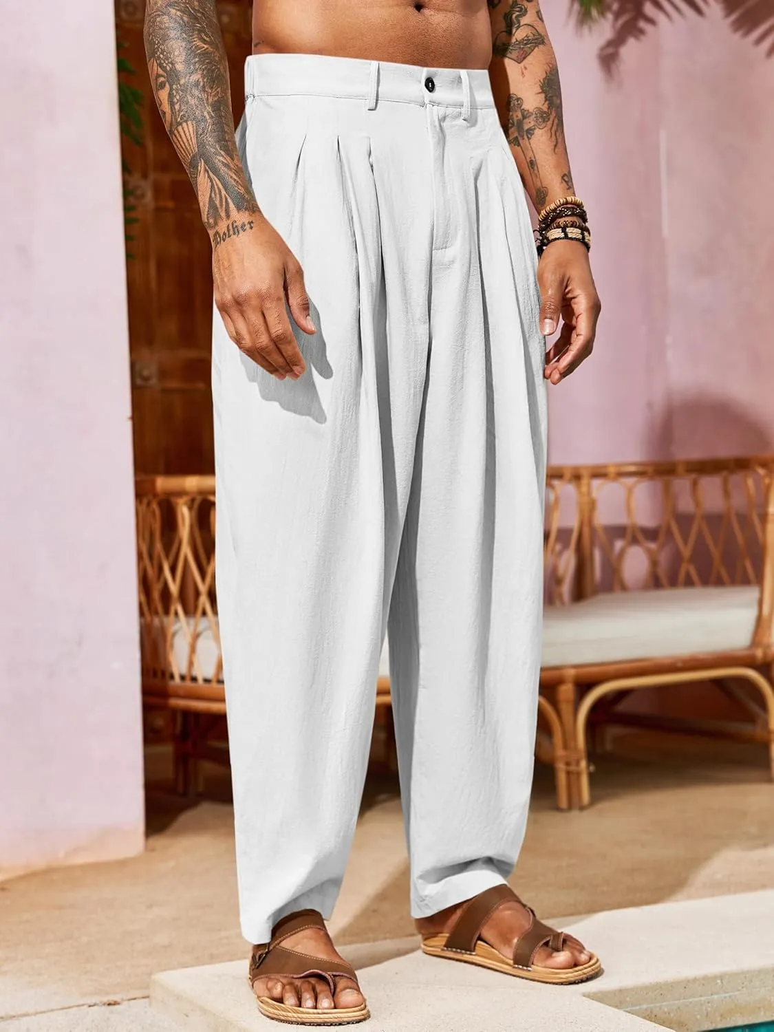 Runcati Mens Linen Baggy Pants Pleated Casual Harem Pants Beach Hippie Summer Trousers