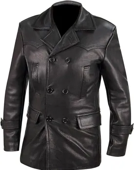 SpazeUp Mens Double Breasted Black Leather Trench Coat - Military Officer Uniform Vintage Black Jacket Coat Men