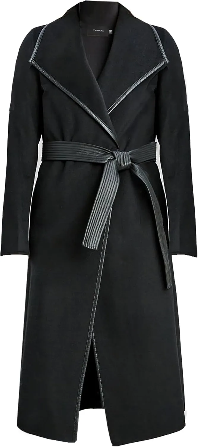 TAHARI Tahari Women's Black Juliette Double Face Wool Belted Coat with Faux Leather Trim (XS)