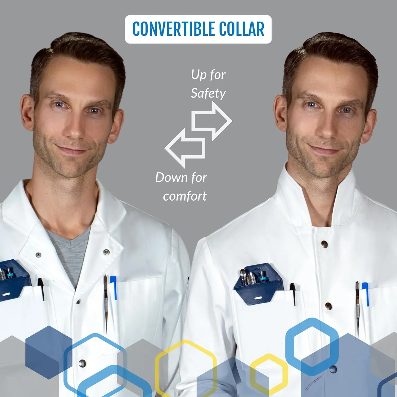 The Lab Coat Project - 100% Cotton Chemistry Men's 6-Pocket Long, Fitted with Snaps and Cuffed Sleeves, Howie Collar, White