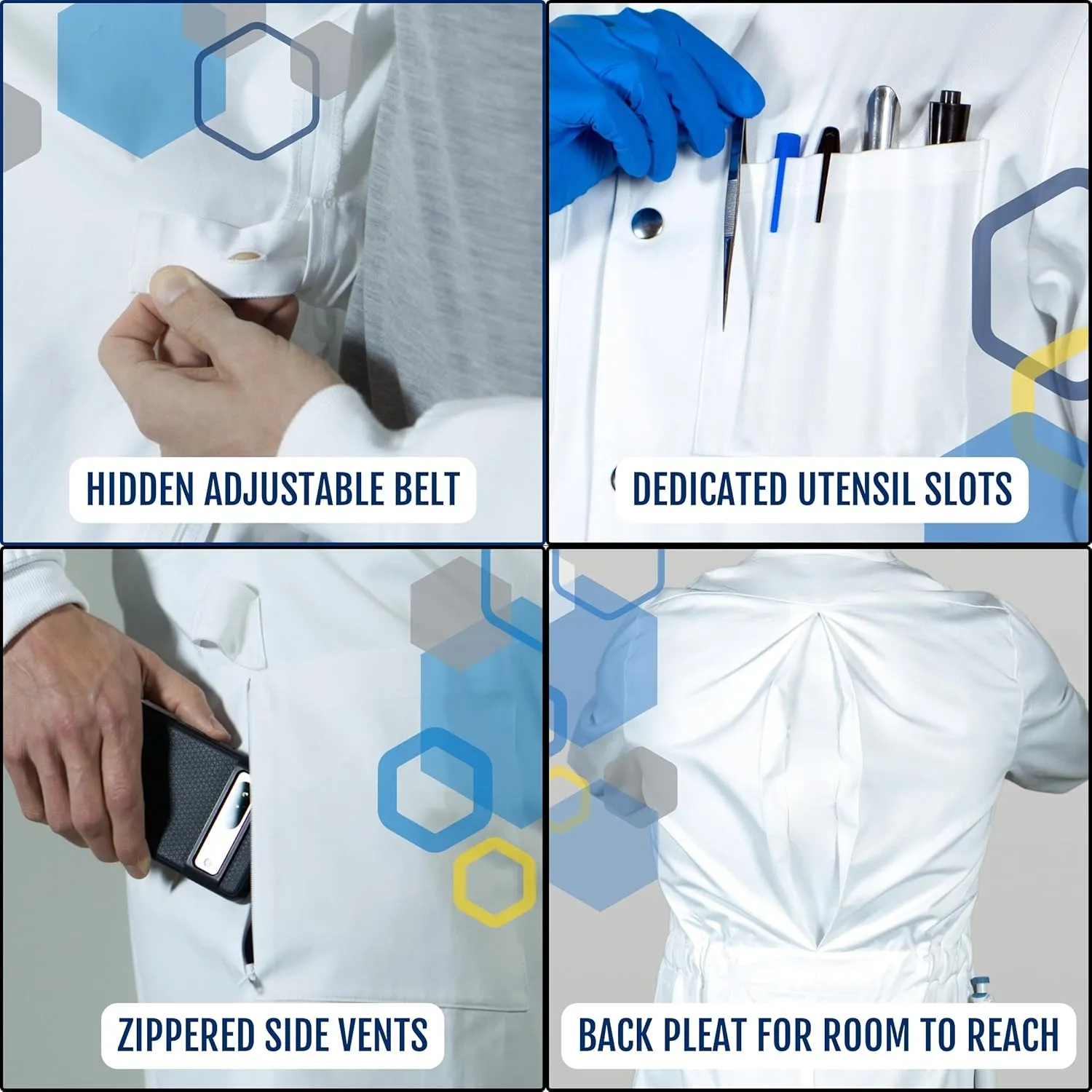 The Lab Coat Project - 100% Cotton Chemistry Men's 6-Pocket Long, Fitted with Snaps and Cuffed Sleeves, Howie Collar, White