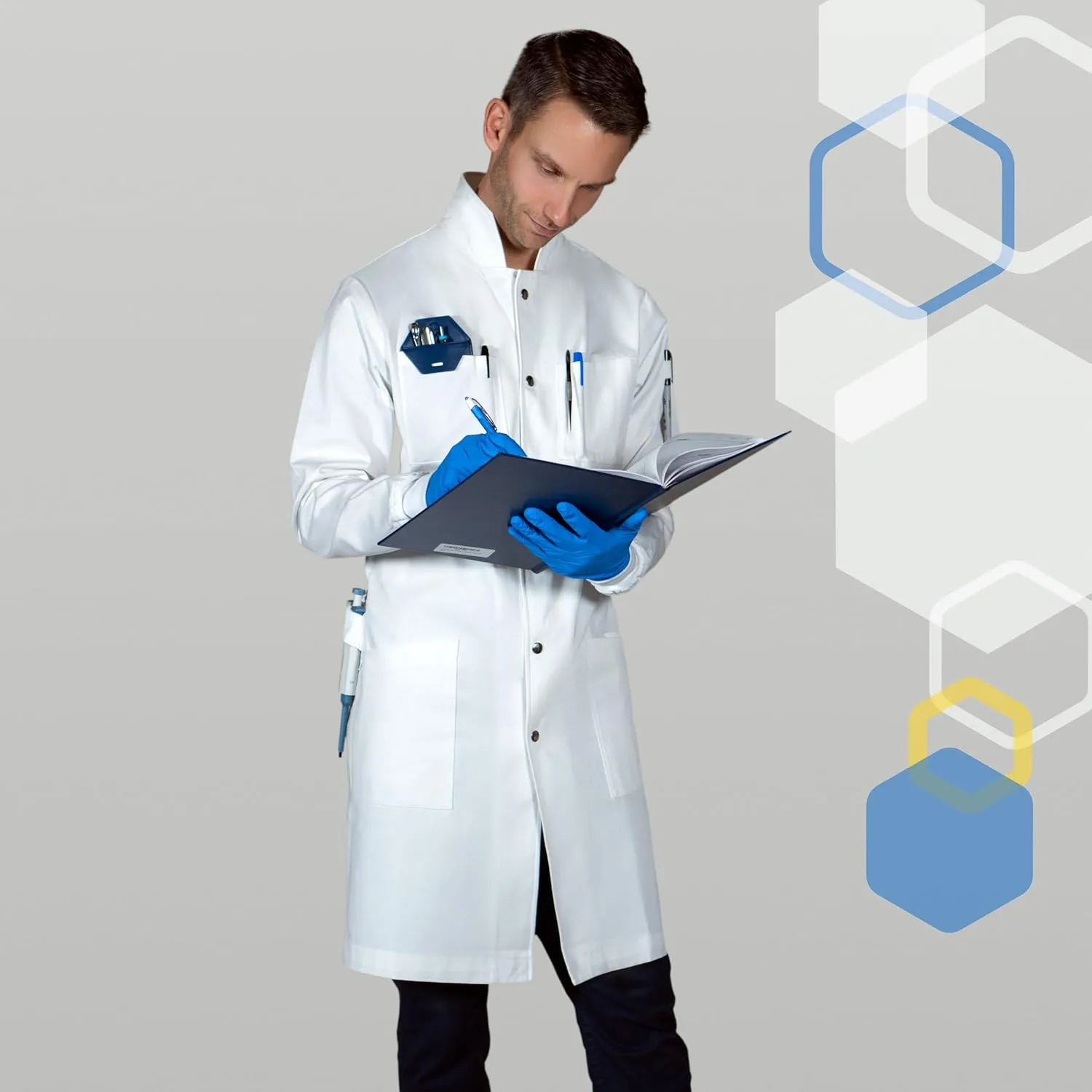 The Lab Coat Project - 100% Cotton Chemistry Men's 6-Pocket Long, Fitted with Snaps and Cuffed Sleeves, Howie Collar, White