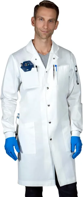 The Lab Coat Project - 100% Cotton Chemistry Men's 6-Pocket Long, Fitted with Snaps and Cuffed Sleeves, Howie Collar, White