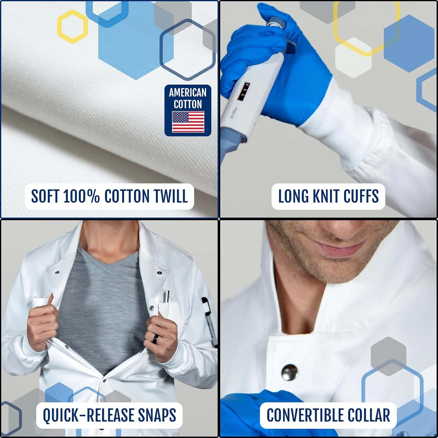 The Lab Coat Project - 100% Cotton Chemistry Men's 6-Pocket Long, Fitted with Snaps and Cuffed Sleeves, Howie Collar, White