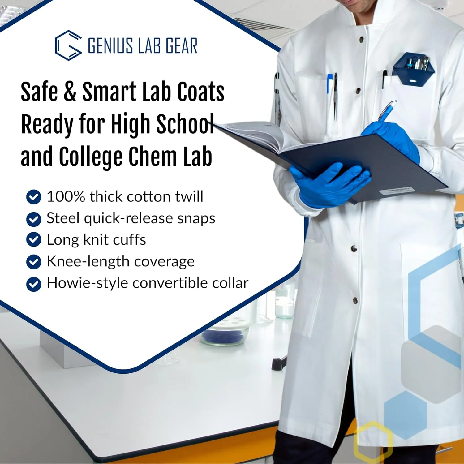The Lab Coat Project - 100% Cotton Chemistry Men's 6-Pocket Long, Fitted with Snaps and Cuffed Sleeves, Howie Collar, White
