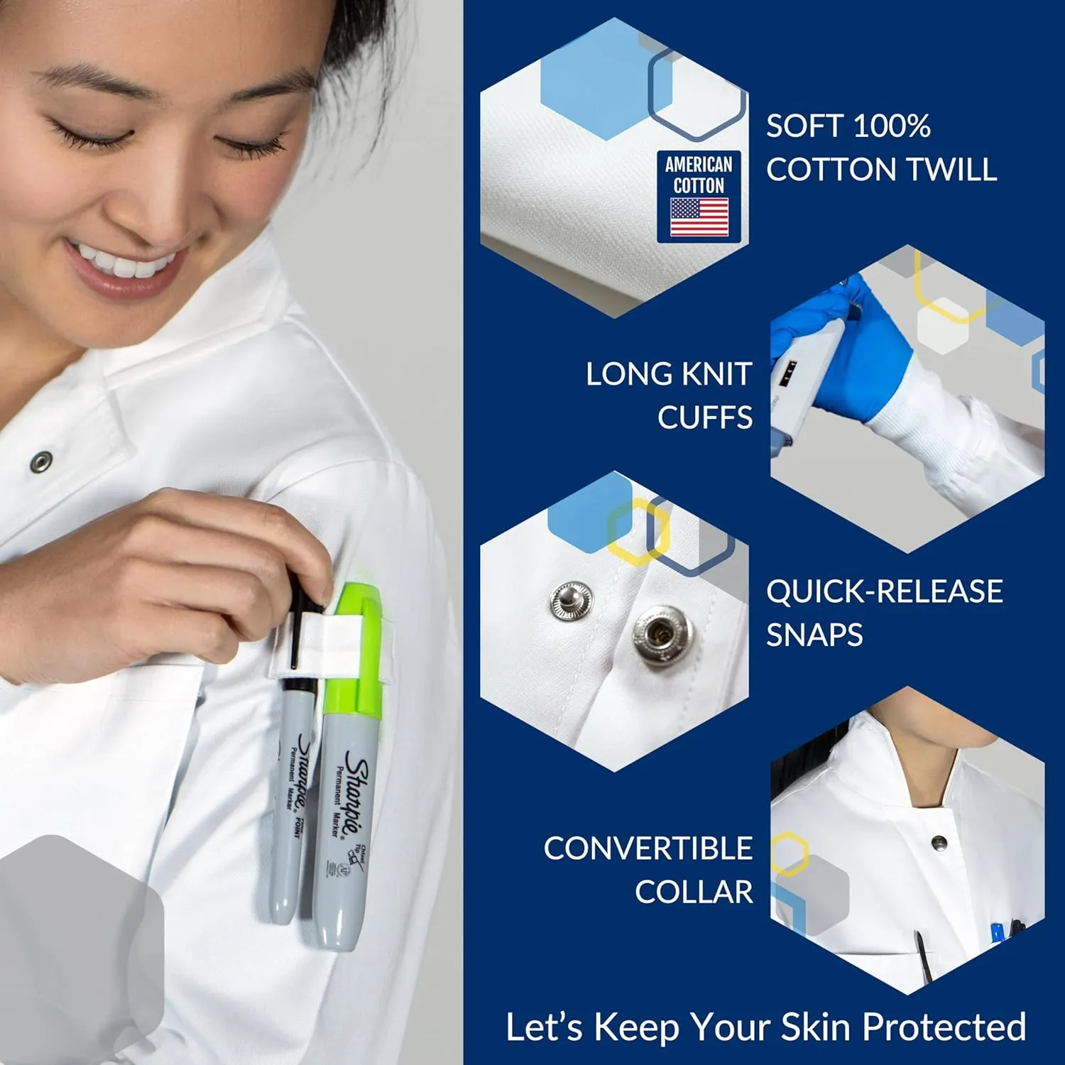 The Lab Coat Project - 100% Cotton Chemistry Women's 6-Pocket Long, Fitted with Snaps and Cuffed Sleeves, Howie Collar, White