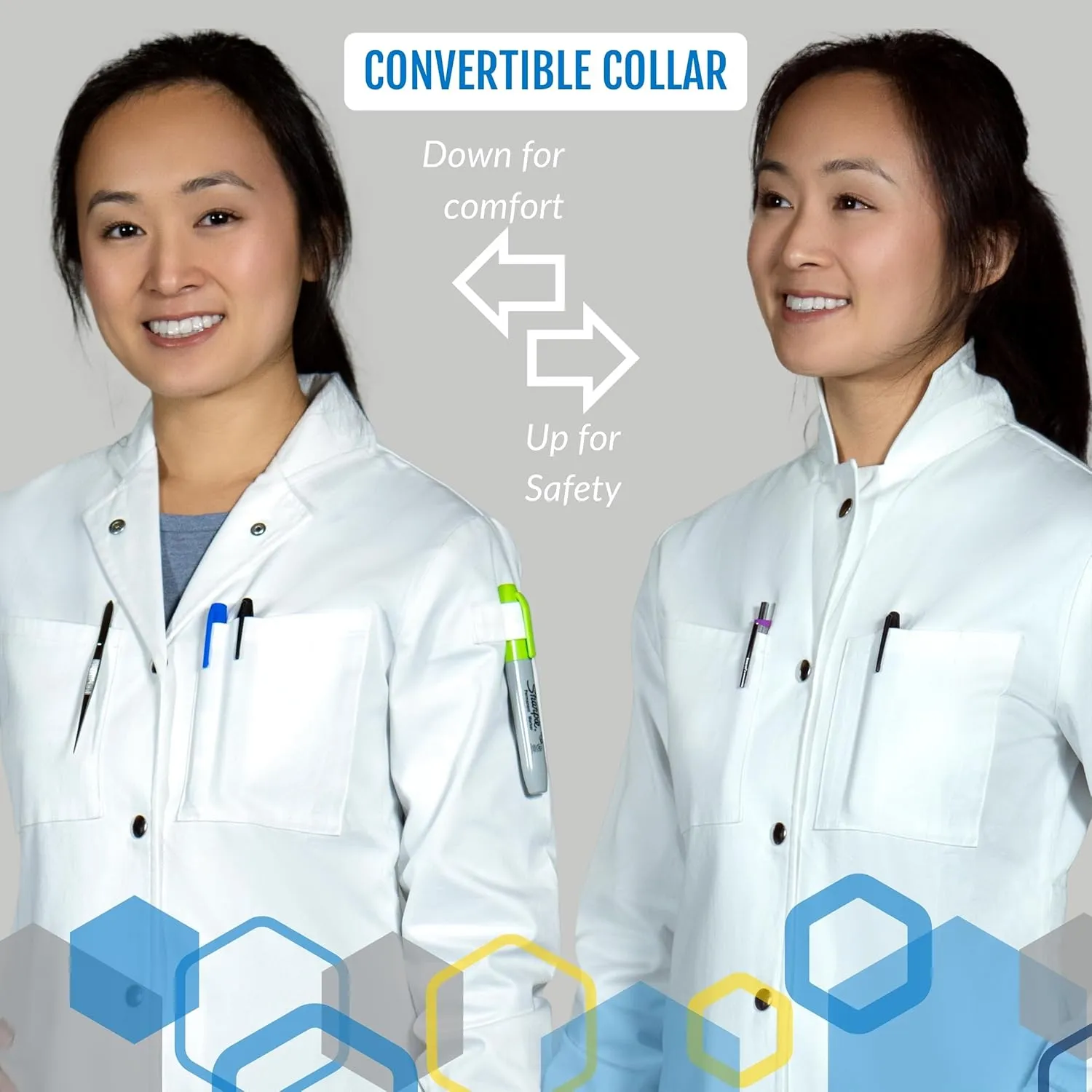 The Lab Coat Project - 100% Cotton Chemistry Women's 6-Pocket Long, Fitted with Snaps and Cuffed Sleeves, Howie Collar, White