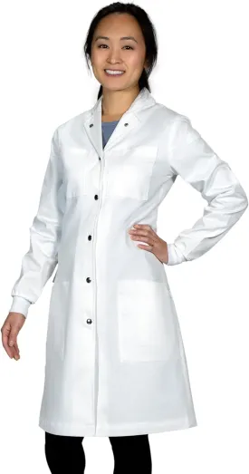 The Lab Coat Project - 100% Cotton Chemistry Women's 6-Pocket Long, Fitted with Snaps and Cuffed Sleeves, Howie Collar, White