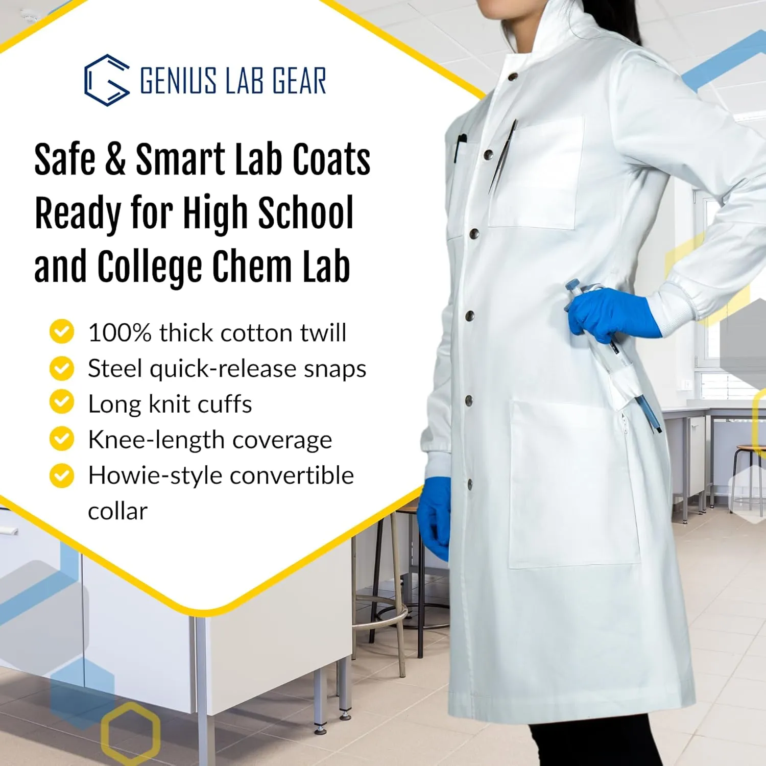 The Lab Coat Project - 100% Cotton Chemistry Women's 6-Pocket Long, Fitted with Snaps and Cuffed Sleeves, Howie Collar, White