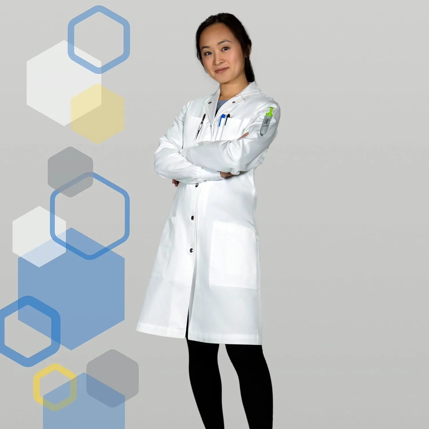 The Lab Coat Project - 100% Cotton Chemistry Women's 6-Pocket Long, Fitted with Snaps and Cuffed Sleeves, Howie Collar, White