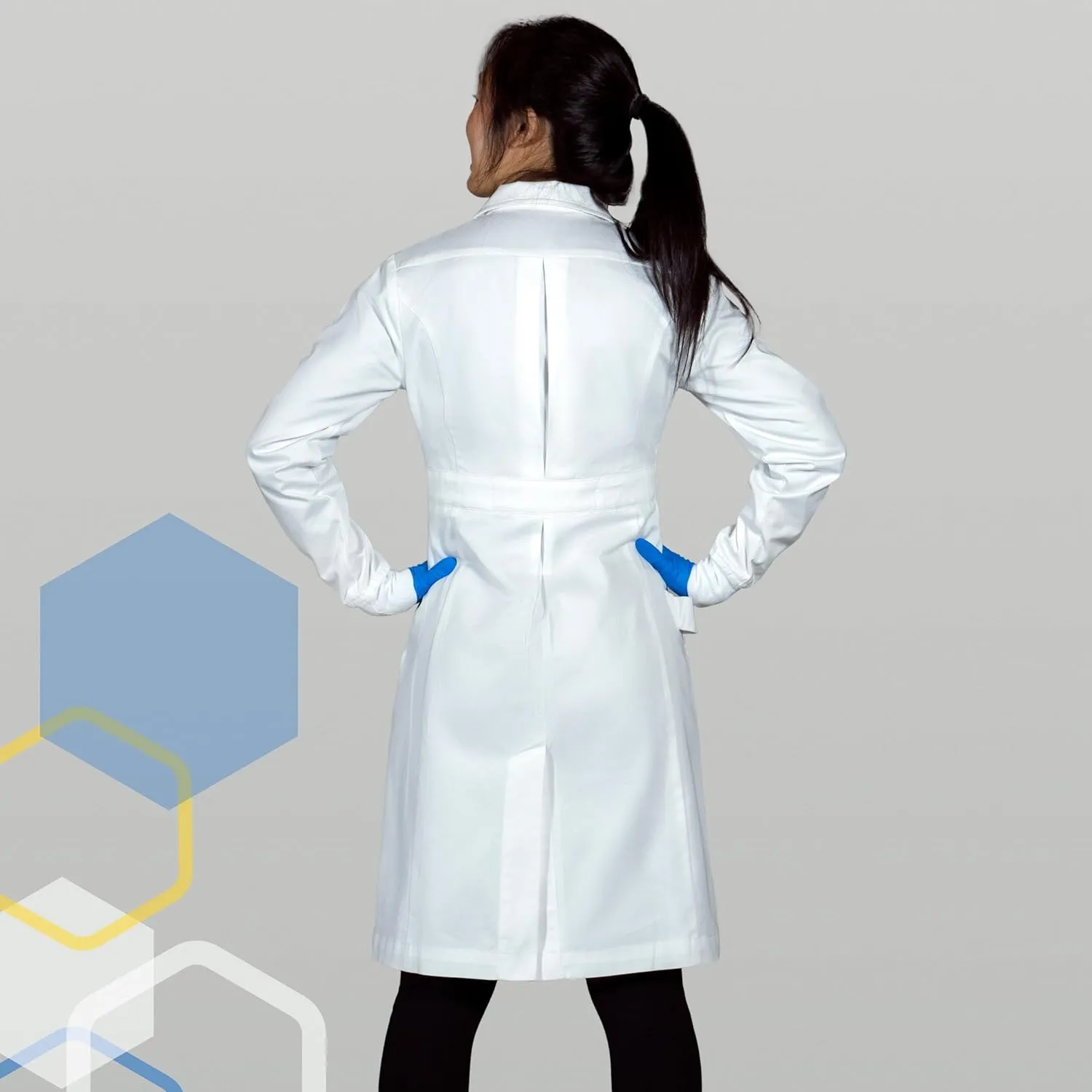The Lab Coat Project - 100% Cotton Chemistry Women's 6-Pocket Long, Fitted with Snaps and Cuffed Sleeves, Howie Collar, White