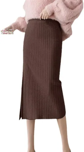 UIOKLMJH Elegant Lady High Waist Black Gray Slit Pencil Knit Skirt