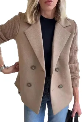 Women's Lapel Button Knitted Patchwork Sleeve Casual Coat Cropped Sweater Blazer Women Knit Blazer