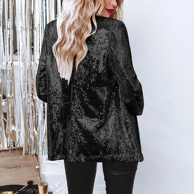Women's Sequin Blazer Party Lapel Collar, Event Wedding Long Sequin Blazer Jacket, Disco Sequin Coat Multicolor