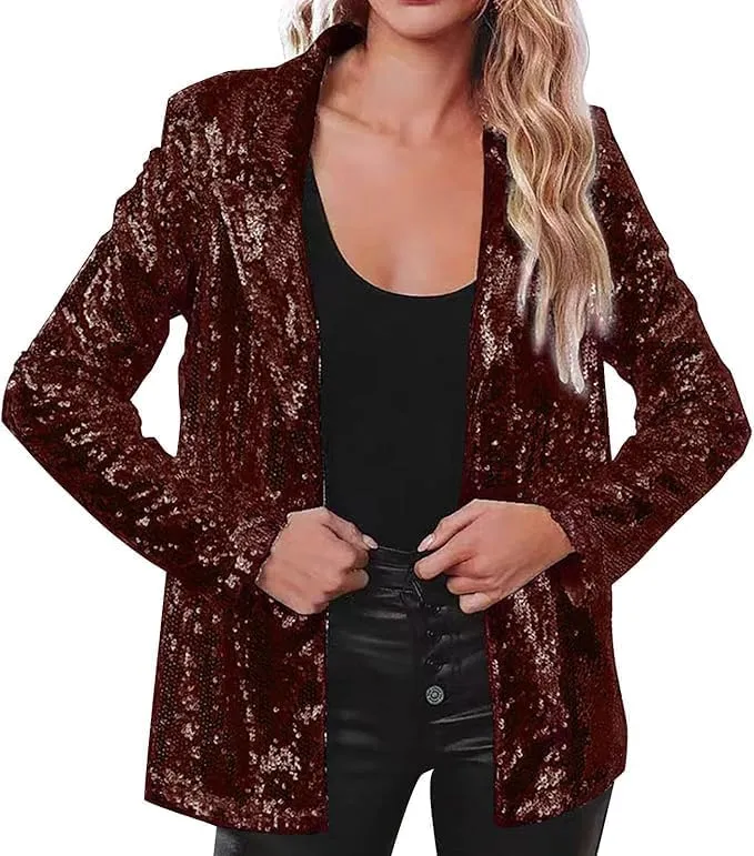 Women's Sequin Blazer Party Lapel Collar, Event Wedding Long Sequin Blazer Jacket, Disco Sequin Coat Multicolor