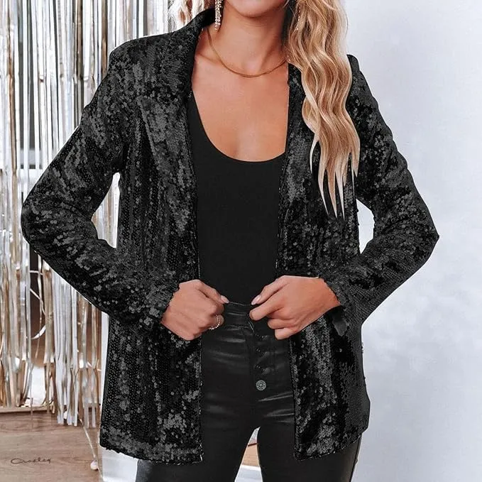 Women's Sequin Blazer Party Lapel Collar, Event Wedding Long Sequin Blazer Jacket, Disco Sequin Coat Multicolor
