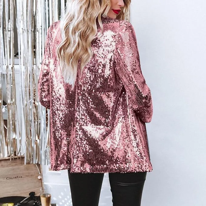 Women's Sequin Blazer Party Lapel Collar, Event Wedding Long Sequin Blazer Jacket, Disco Sequin Coat Multicolor