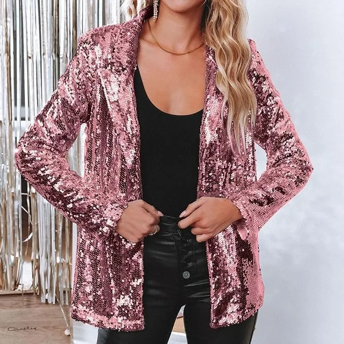 Women's Sequin Blazer Party Lapel Collar, Event Wedding Long Sequin Blazer Jacket, Disco Sequin Coat Multicolor