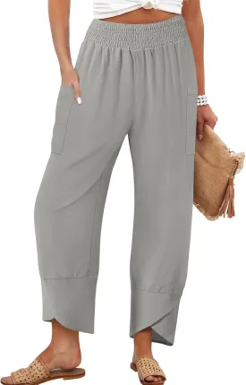 Women's Summer High Waisted Baggy Pants Wide Leg Linen Pants Casual Ankle Length Trouser Slacks with Pockets