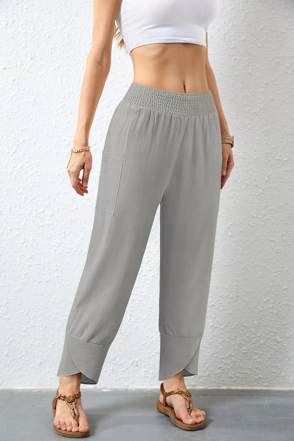 Women's Summer High Waisted Baggy Pants Wide Leg Linen Pants Casual Ankle Length Trouser Slacks with Pockets
