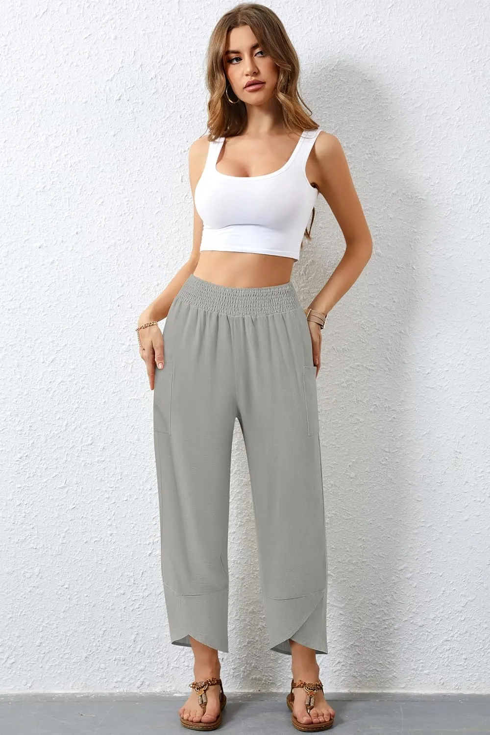 Women's Summer High Waisted Baggy Pants Wide Leg Linen Pants Casual Ankle Length Trouser Slacks with Pockets