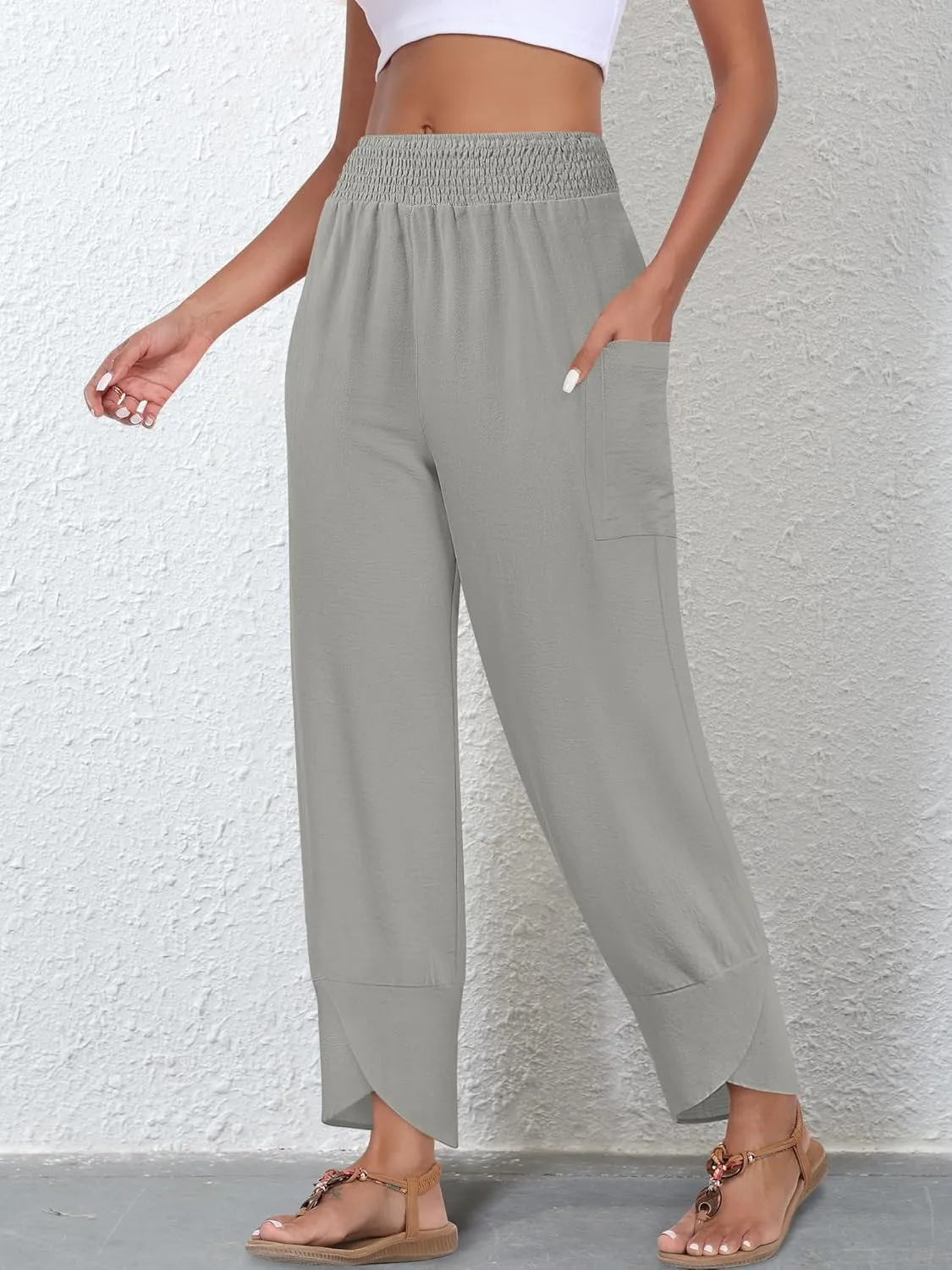 Women's Summer High Waisted Baggy Pants Wide Leg Linen Pants Casual Ankle Length Trouser Slacks with Pockets