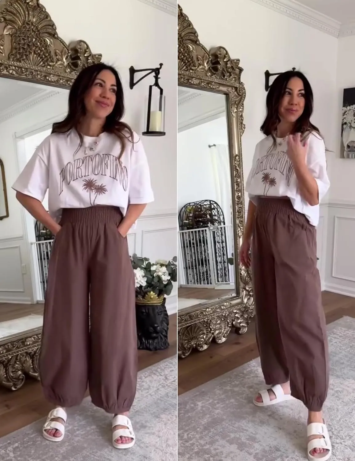 Xiaoxuemeng Womens Wide Leg Pants Cotton Linen Barrel Pants Elastic Waisted Lounge Trousers with Pockets