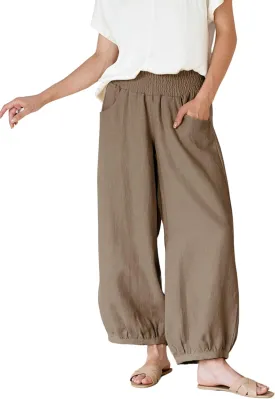 Xiaoxuemeng Womens Wide Leg Pants Cotton Linen Barrel Pants Elastic Waisted Lounge Trousers with Pockets