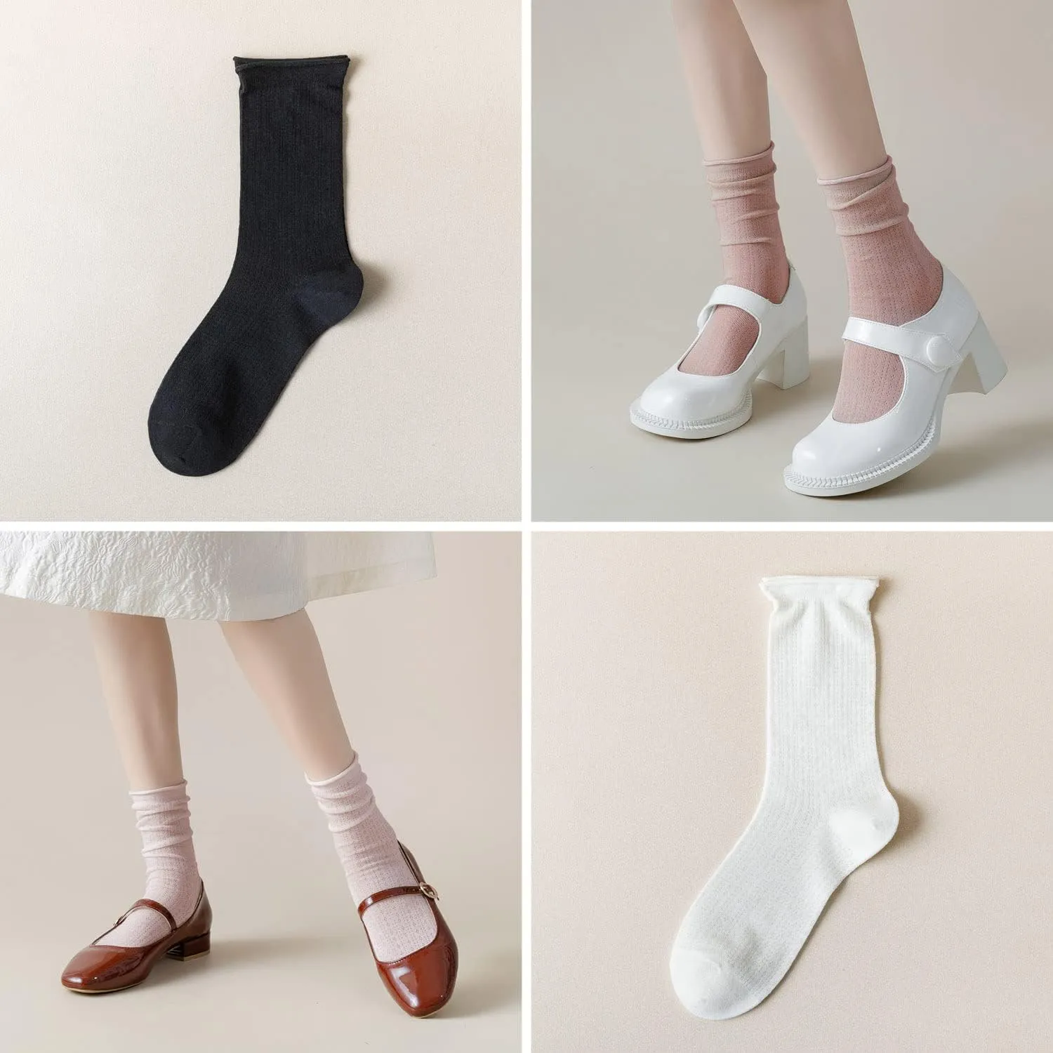 zrylibya Women Cute Roll Top Turn Cuff Slouch Socks Hollow Out Crochet Solid Casual Crew Socks 4 Pairs