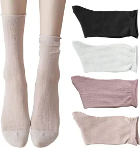 zrylibya Women Cute Roll Top Turn Cuff Slouch Socks Hollow Out Crochet Solid Casual Crew Socks 4 Pairs