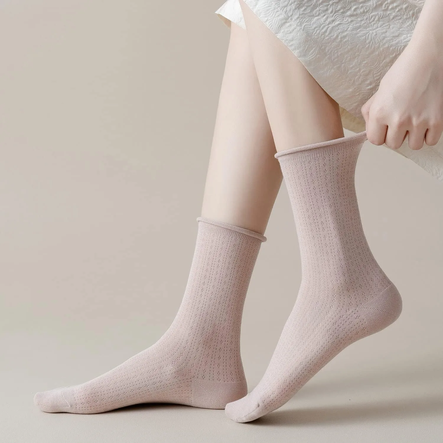 zrylibya Women Cute Roll Top Turn Cuff Slouch Socks Hollow Out Crochet Solid Casual Crew Socks 4 Pairs